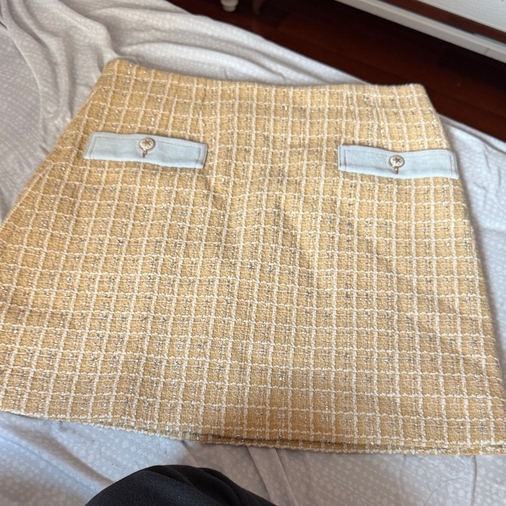 Sandro Yellow Tweed Mini Skirt with Cream Pocket Trim